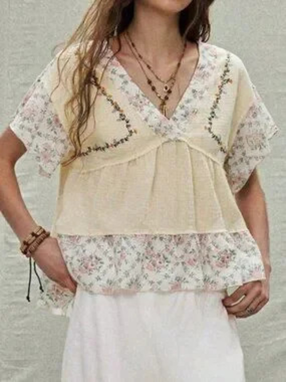 Multicolor Boho Women's Holiday Picnic V Neck Batwing Sleeve Floral Print Blouse